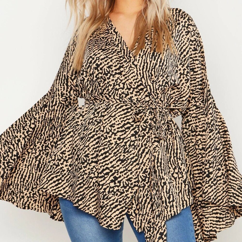 boohoo Animal Print Extreme Flare Sleeve Wrap Top